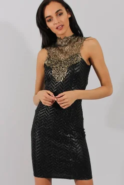 Rebellious Fashion Black & Gold Embroidered Midi Dress - Freja