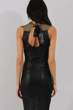 Rebellious Fashion Black & Gold Embroidered Midi Dress - Freja