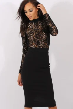 Rebellious Fashion Black & Gold Floral Lace Midi Dress - Izzy