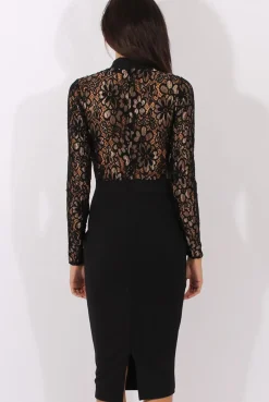 Rebellious Fashion Black & Gold Floral Lace Midi Dress - Izzy