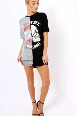 Rebellious Fashion Black & Grey Skull T-shirt Dress - Christa