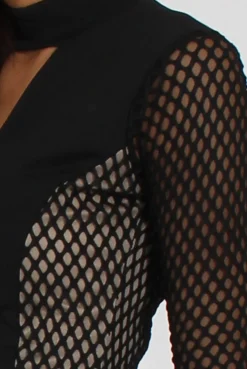 Rebellious Fashion Black & Nude Mesh Detail Cut Out Bodycon Dress - Derry