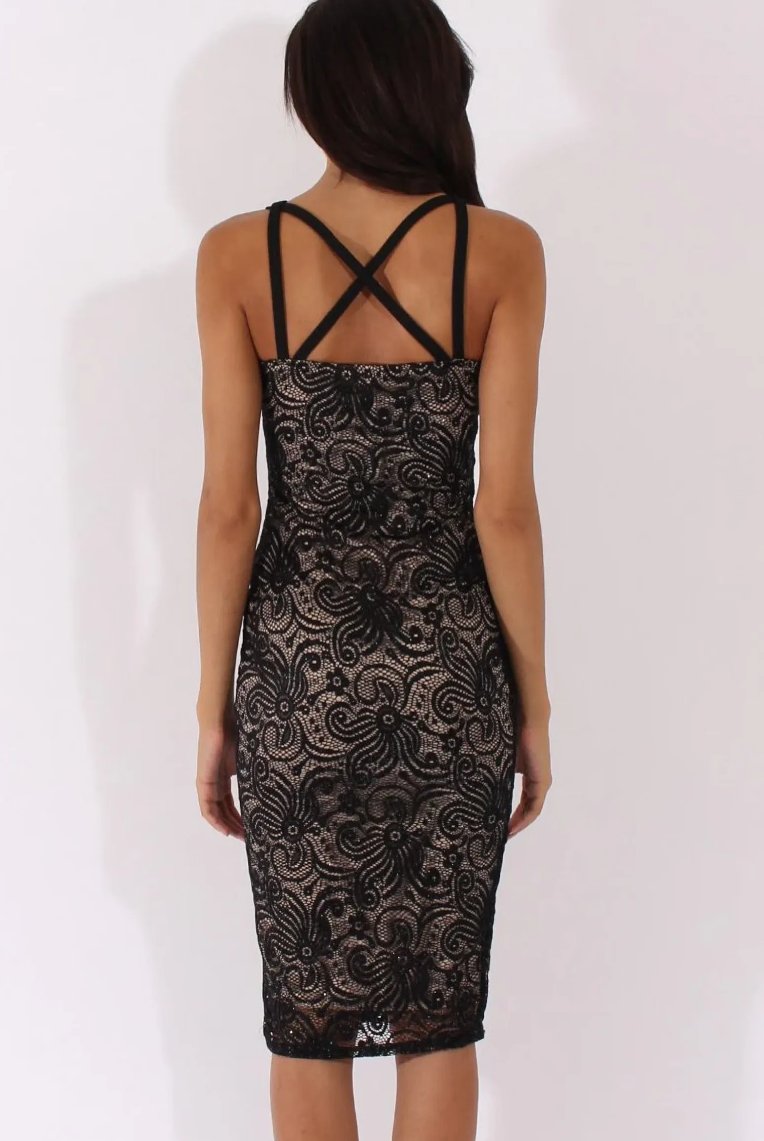 Rebellious Fashion Black & Nude Sparkle Lace Harness Midi Dress - Elspeth