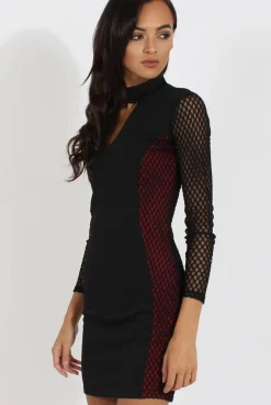 Rebellious Fashion Black & Red Mesh Detail Cut Out Bodycon Dress - Derry