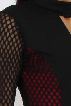 Rebellious Fashion Black & Red Mesh Detail Cut Out Bodycon Dress - Derry