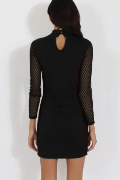 Rebellious Fashion Black & Red Mesh Detail Cut Out Bodycon Dress - Derry