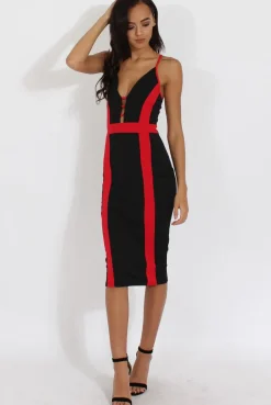 Rebellious Fashion Black & Red Panelled Midi Dress - Unity