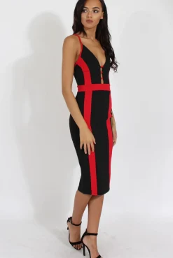 Rebellious Fashion Black & Red Panelled Midi Dress - Unity