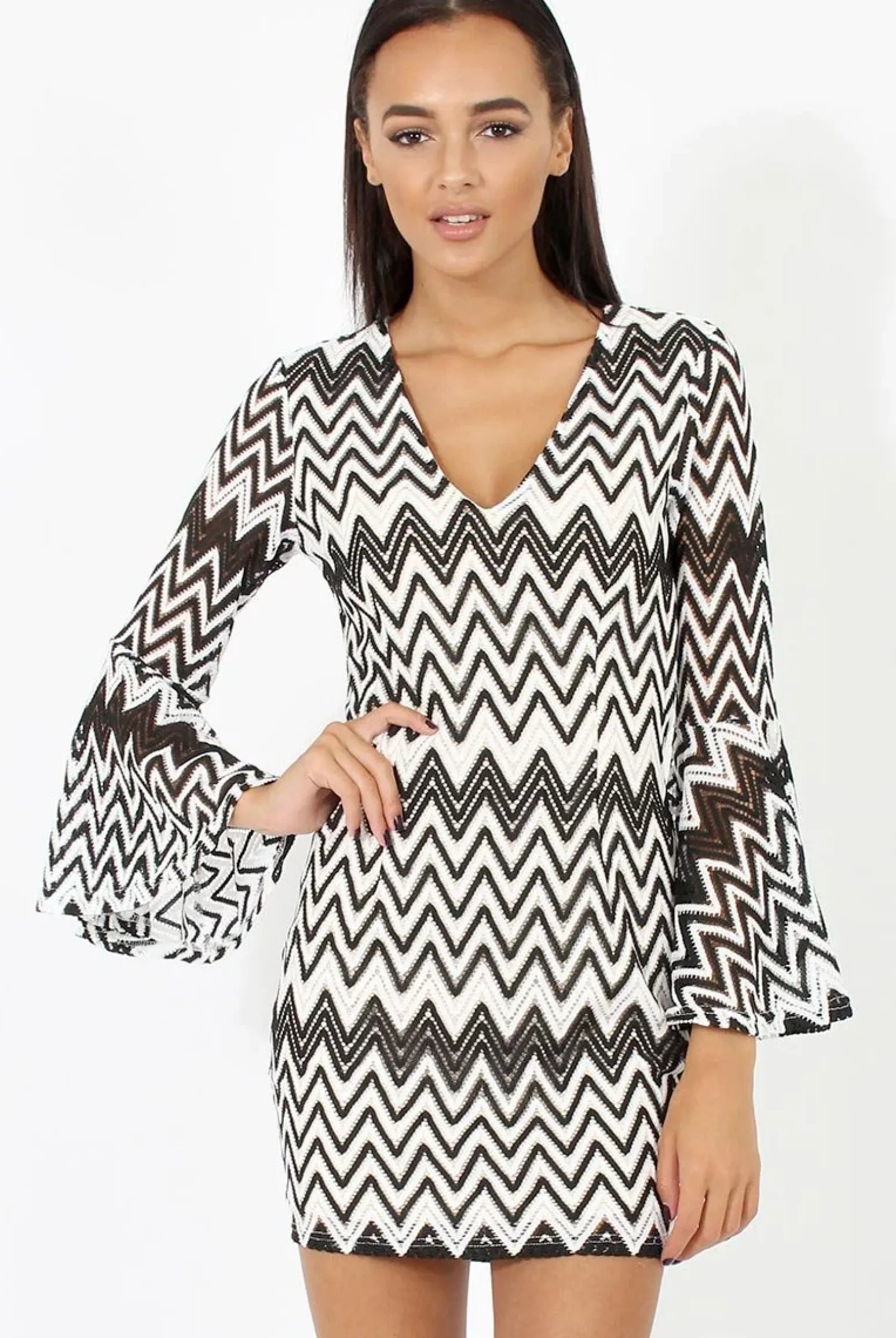 Rebellious Fashion Black & White Crochet Flare Sleeve Dress - Kady