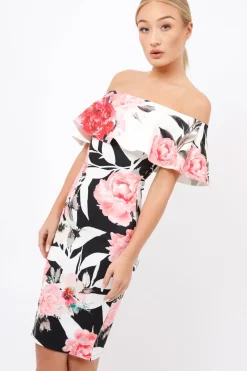 Rebellious Fashion Black & White Floral Bardot dress - Martina