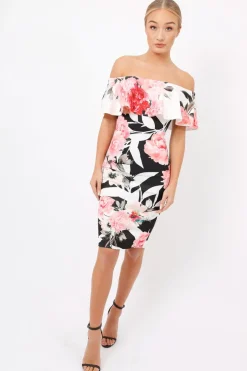Rebellious Fashion Black & White Floral Bardot dress - Martina