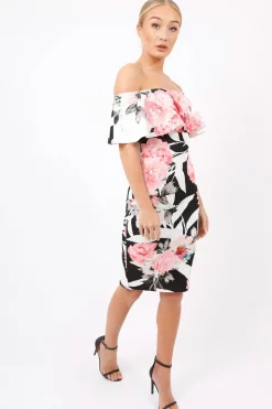 Rebellious Fashion Black & White Floral Bardot dress - Martina