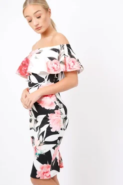 Rebellious Fashion Black & White Floral Bardot dress - Martina