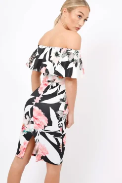 Rebellious Fashion Black & White Floral Bardot dress - Martina