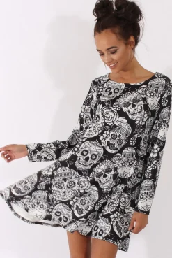 Rebellious Fashion Black & White Halloween Sugar Skull Swing Dress - Calavera