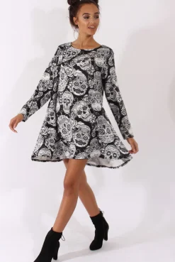 Rebellious Fashion Black & White Halloween Sugar Skull Swing Dress - Calavera