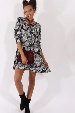 Rebellious Fashion Black & White Halloween Sugar Skull Swing Dress - Calavera