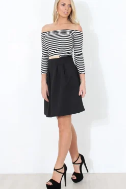 Rebellious Fashion Black & White Off The Shoulder Skater Dress - Jacqui