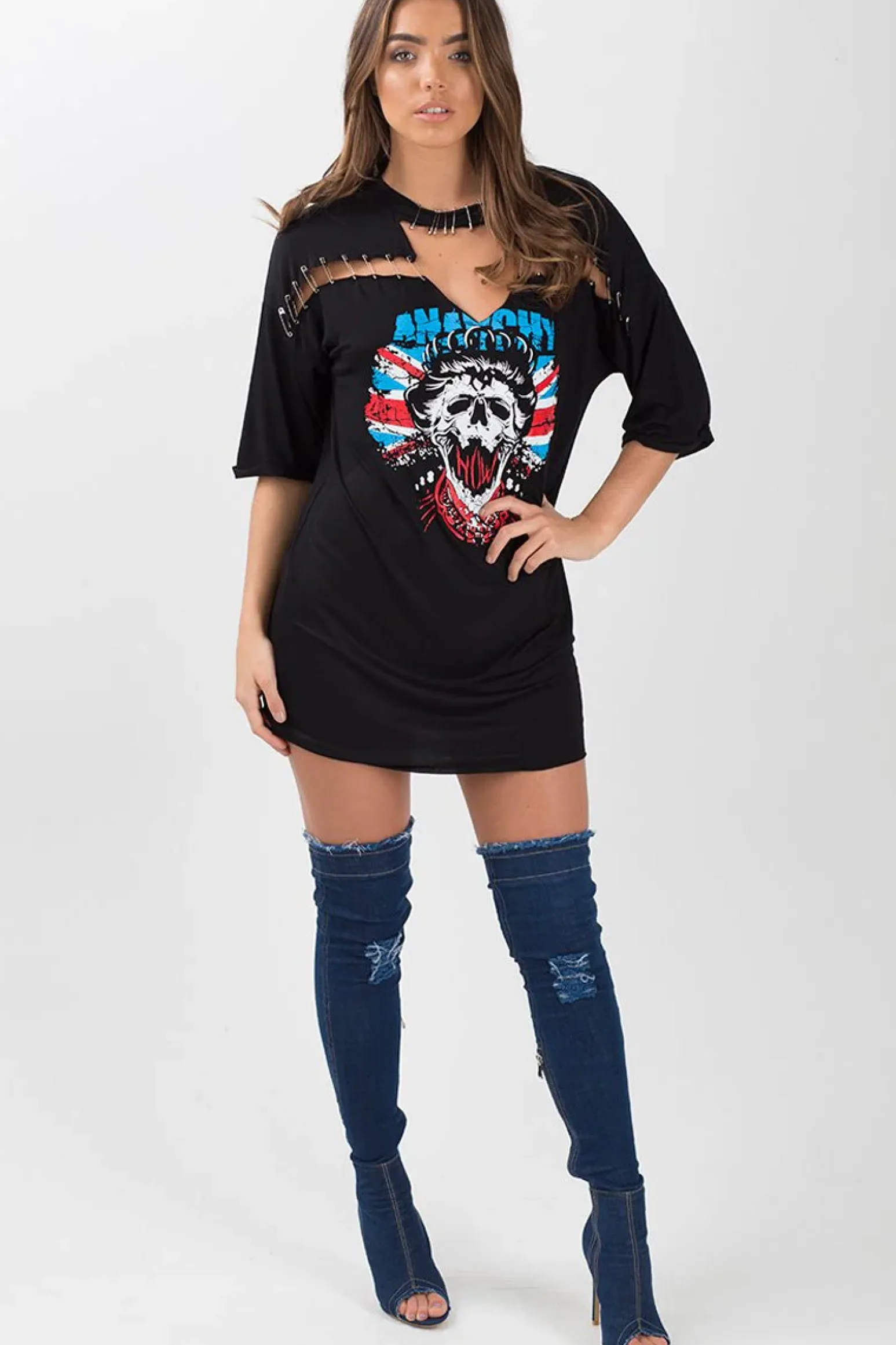Rebellious Fashion Black Anarchy Cut Out Pin Detail T-Shirt Dress - Lollie