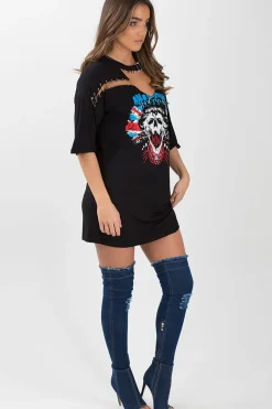 Rebellious Fashion Black Anarchy Cut Out Pin Detail T-Shirt Dress - Lollie