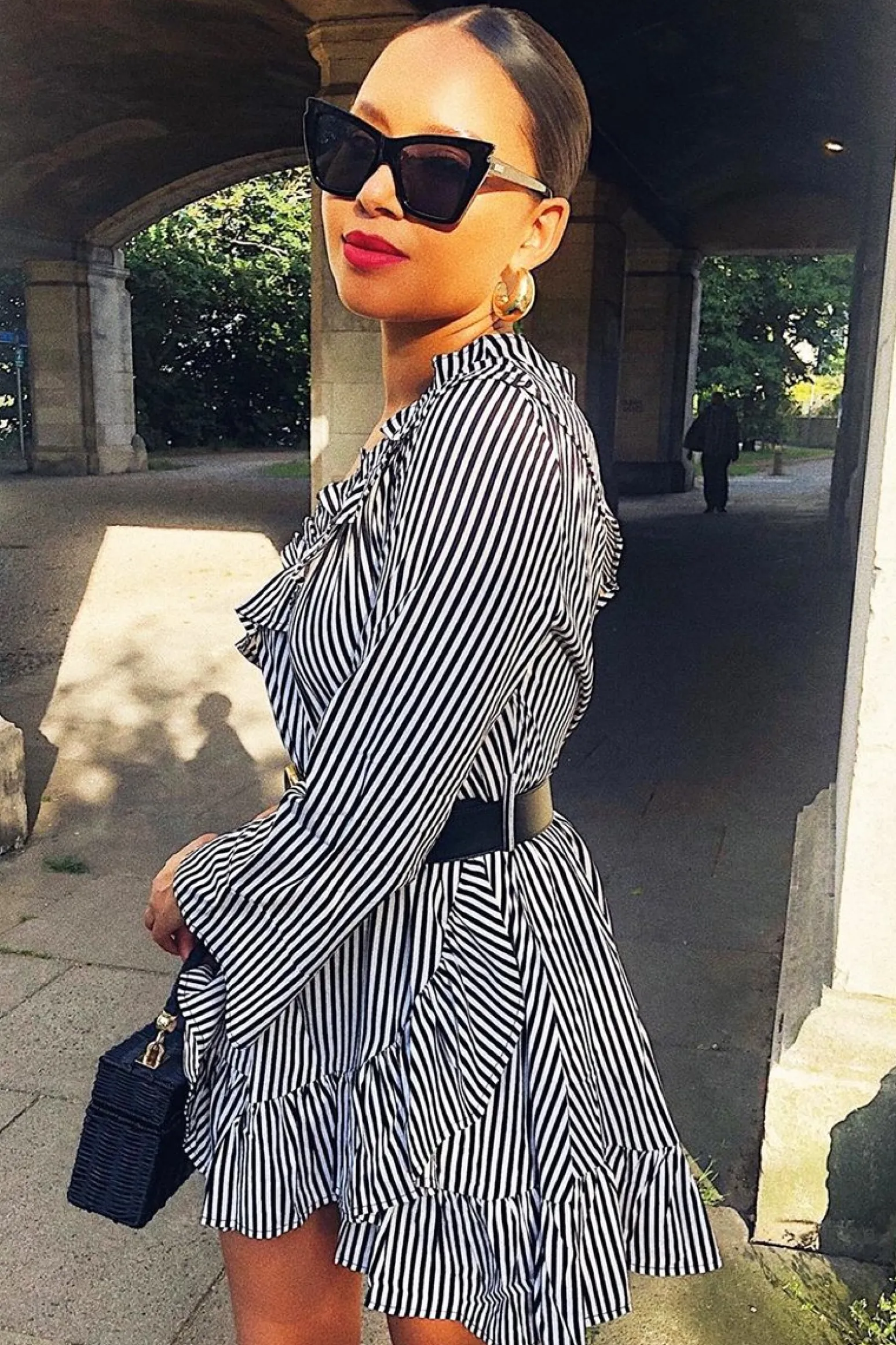 Rebellious Fashion Black and Beige Stripe One Shoulder Frill Dress - Zyann