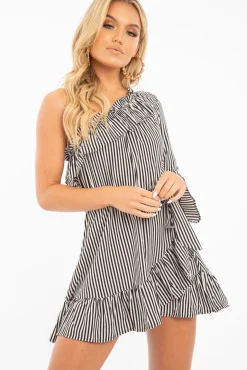 Rebellious Fashion Black and Beige Stripe One Shoulder Frill Dress - Zyann