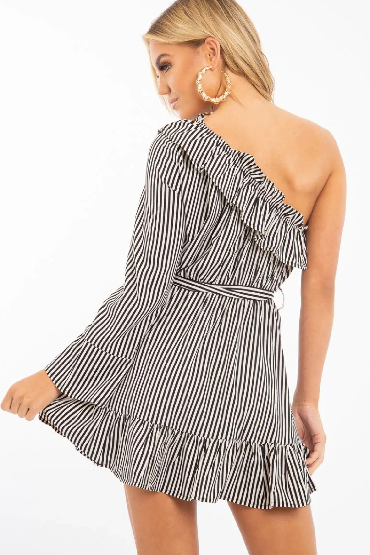Rebellious Fashion Black and Beige Stripe One Shoulder Frill Dress - Zyann