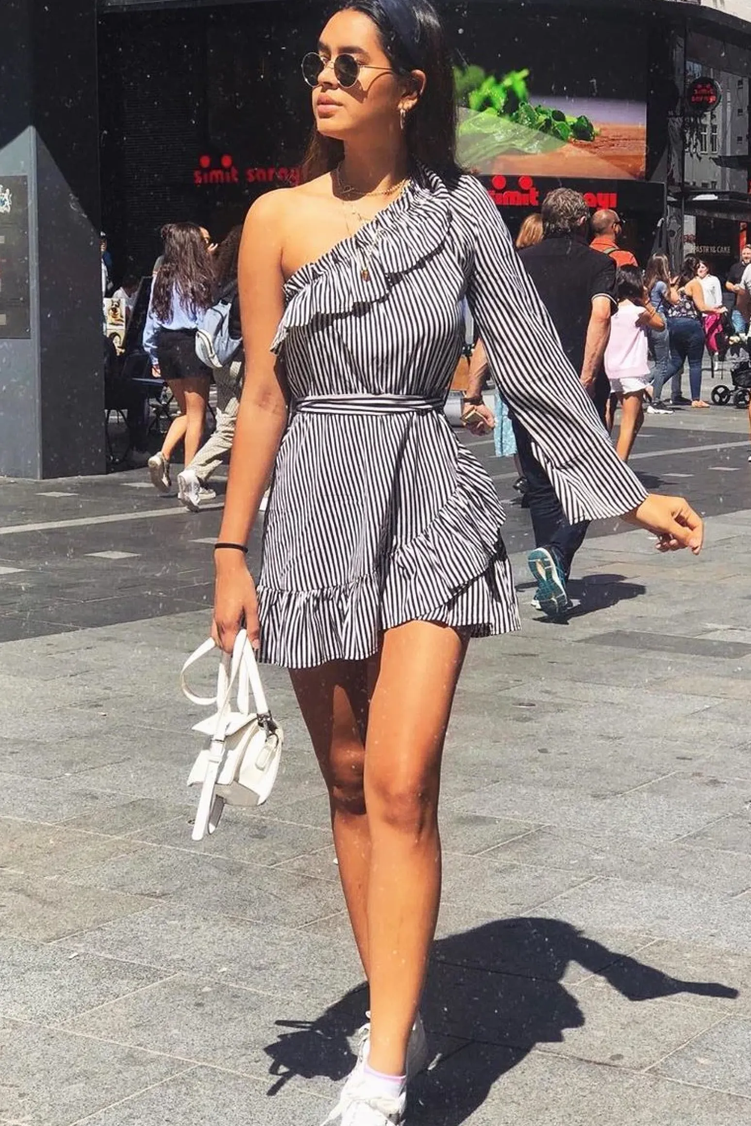 Rebellious Fashion Black and Beige Stripe One Shoulder Frill Dress - Zyann