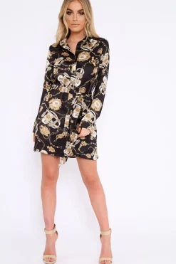 Rebellious Fashion Black and Gold Chain Print Shirt Dress - Pollyann