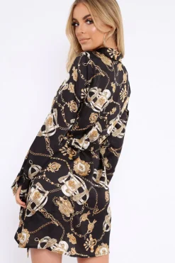 Rebellious Fashion Black and Gold Chain Print Shirt Dress - Pollyann