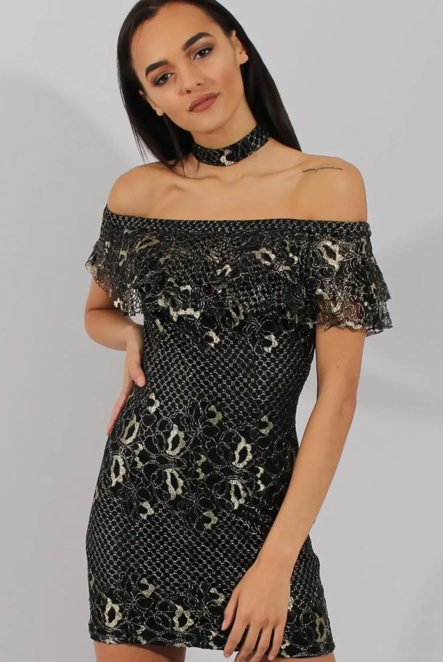Rebellious Fashion Black And Gold Lace Frill Bardot Choker Dress - Jolie
