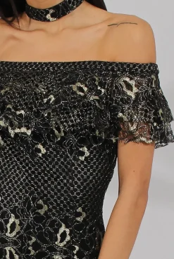 Rebellious Fashion Black And Gold Lace Frill Bardot Choker Dress - Jolie