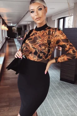 Rebellious Fashion Black and Gold Mesh Chain Print Bodycon Dress- Lilie