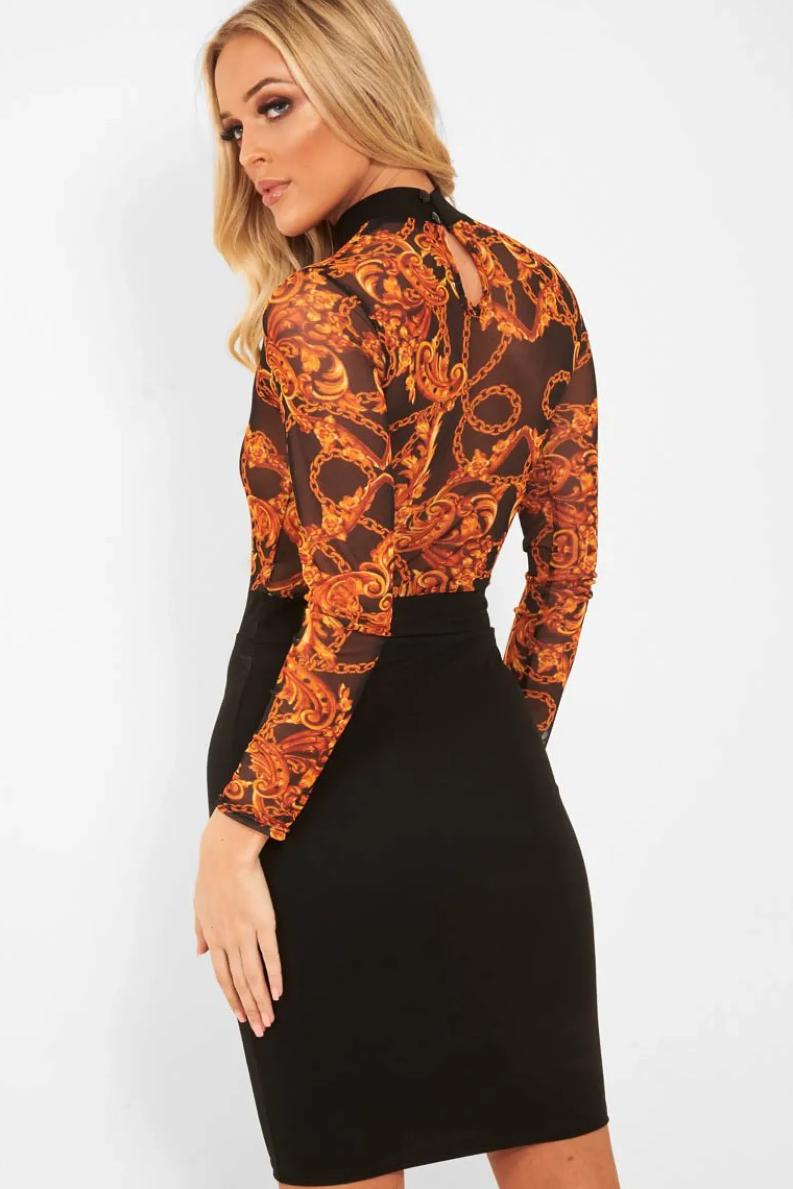 Rebellious Fashion Black and Gold Mesh Chain Print Bodycon Dress- Lilie