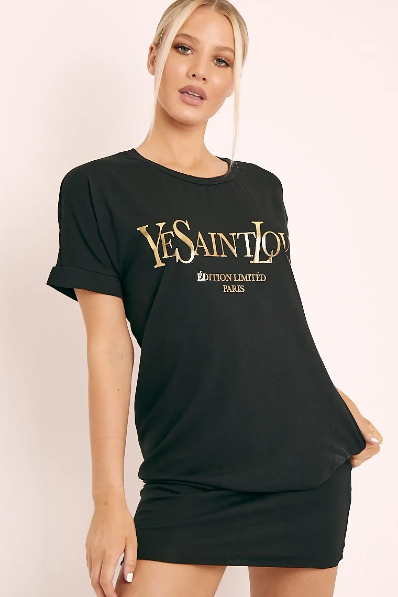 Rebellious Fashion Black and Gold Parisian Slogan T-shirt Dress - Claire
