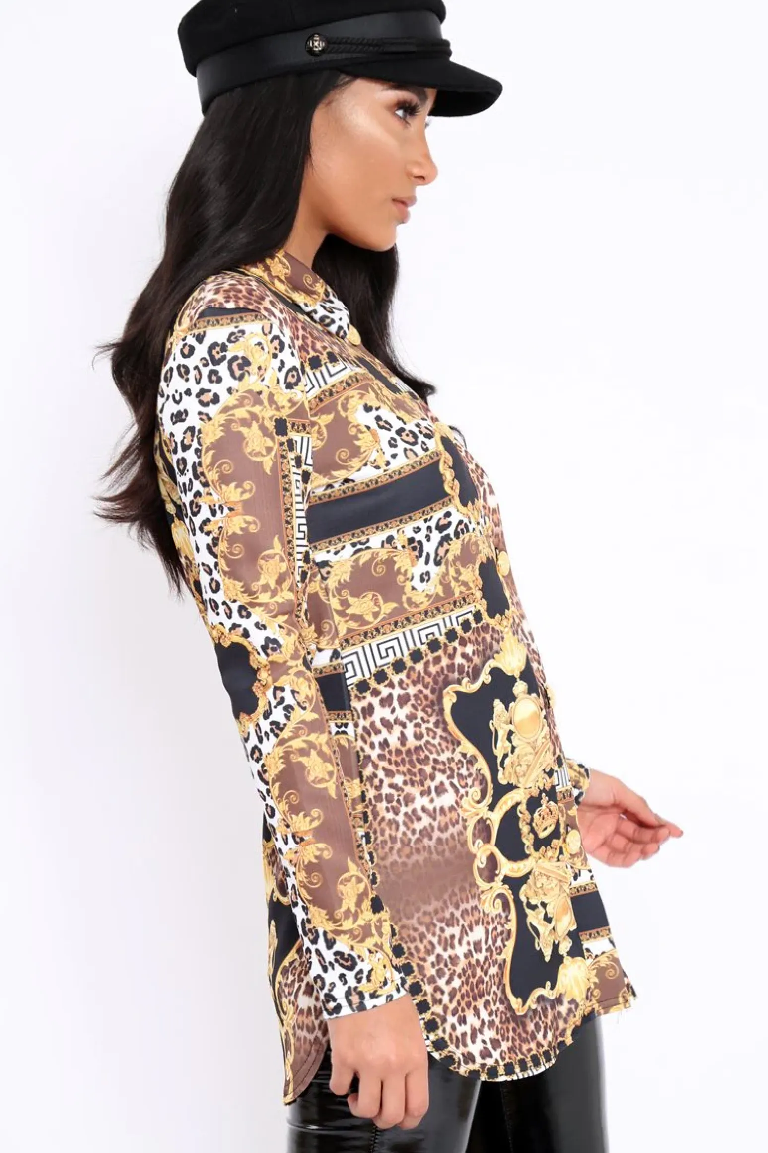 Rebellious Fashion Black and Gold Scarf Print Button Front Shirt Dress - Nyanna