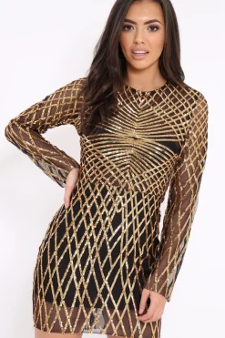 Rebellious Fashion Black and Gold Sequin Bodycon Dress - Lexy