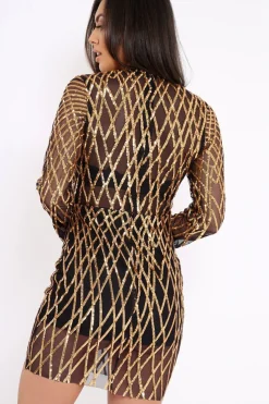 Rebellious Fashion Black and Gold Sequin Bodycon Dress - Lexy