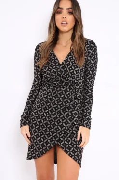Rebellious Fashion Black And Gold Sequin Wrap Front Dress - Kelcy