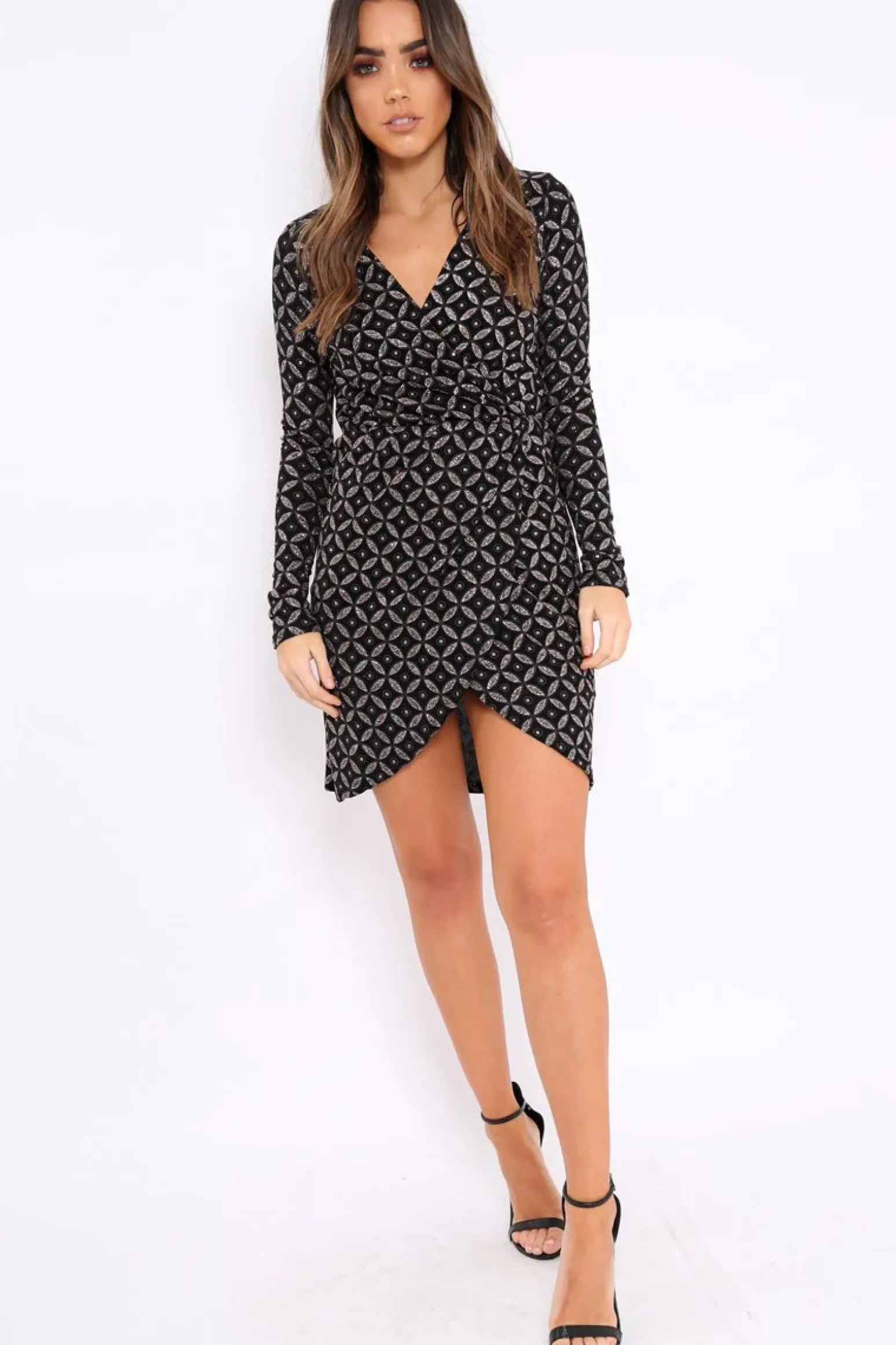 Rebellious Fashion Black And Gold Sequin Wrap Front Dress - Kelcy