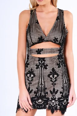 Rebellious Fashion Black And Nude Crochet Cut Out Mini Dress - Isaura