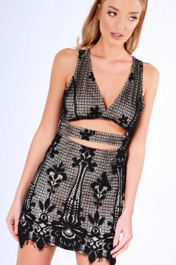 Rebellious Fashion Black And Nude Crochet Cut Out Mini Dress - Isaura