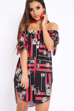 Rebellious Fashion Black and Red Floral Bardot Dress - Zhen