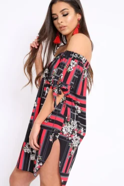Rebellious Fashion Black and Red Floral Bardot Dress - Zhen
