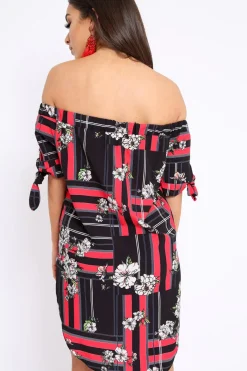 Rebellious Fashion Black and Red Floral Bardot Dress - Zhen