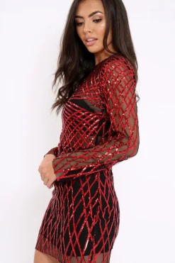 Rebellious Fashion Black and Red Sequin Bodycon Dress - Lexy