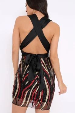 Rebellious Fashion Black and Sequin Halterneck Dress - Adrianna