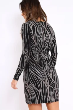 Rebellious Fashion Black And Silver Sequin Wrap Front Dress - Kelcy