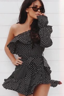 Rebellious Fashion Black and White Polka Dot One Shoulder Frill Dress - Zyann