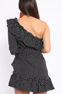 Rebellious Fashion Black and White Polka Dot One Shoulder Frill Dress - Zyann